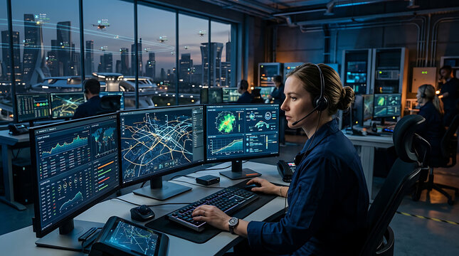 Female urban air mobility coordinator supervising autonomous cargo drone logistics inside advanced aviation operations facility for transportation optimization, aerial delivery planning and smart infr