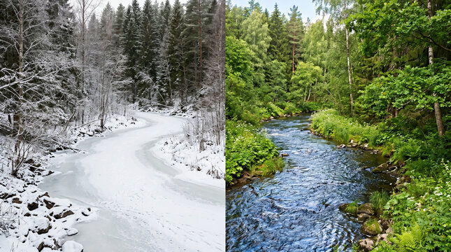 Winding River in Forest Showing Seasonal Contrast Between Winter and Summer