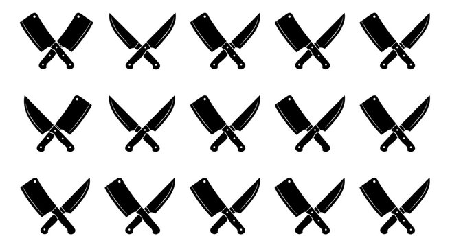 Butcher knife icon set. Cross-shaped meat cutting knives. Set of black crossed kitchen knives and cleavers silhouettes, professional culinary tools. Vector illustration.