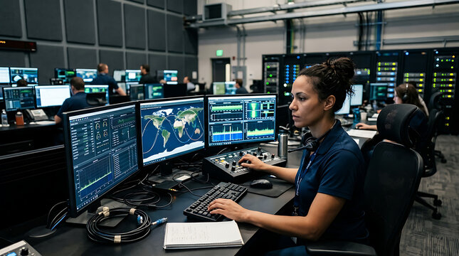 Female satellite communications specialist supervising orbital network operations inside aerospace control facility for telemetry monitoring, infrastructure reliability and advanced communication syst