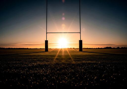 Rugby goal posts on a sports field at sunset