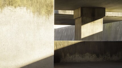 Fototapeta premium Brutalist concrete structures forming complex geometric patterns and strong shadows, reflecting modern architecture and urban design principles in abstract light