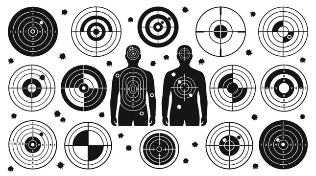Various target practice silhouettes and circular shooting bullseye patterns displayed in this professional studio photograph