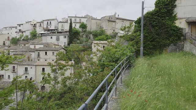 View of Capestrano, a historic town surrounded by greenery in Abruzzo, Italy, .