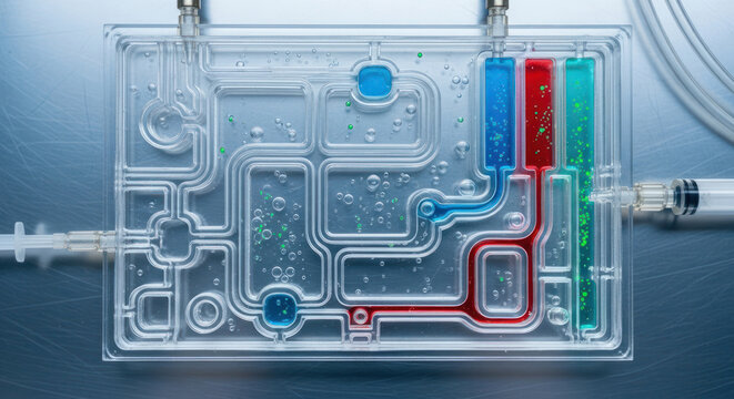 Microfluidic Device with Colored Fluid Channels and Research Laboratory Setup