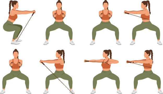Woman Resistance Band Squat Exercise Set with Different Workout Poses for Fitness Training and Healthy Lifestyle Vector Illustration