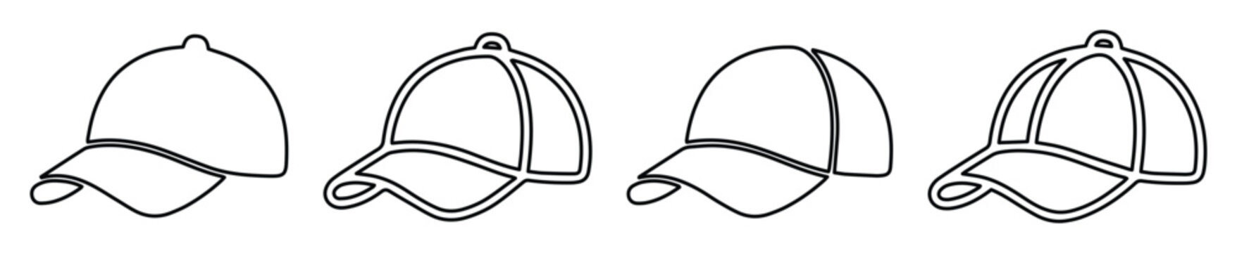 Baseball cap outline icons, minimalist headwear vector set, 4 sports hat line art illustrations