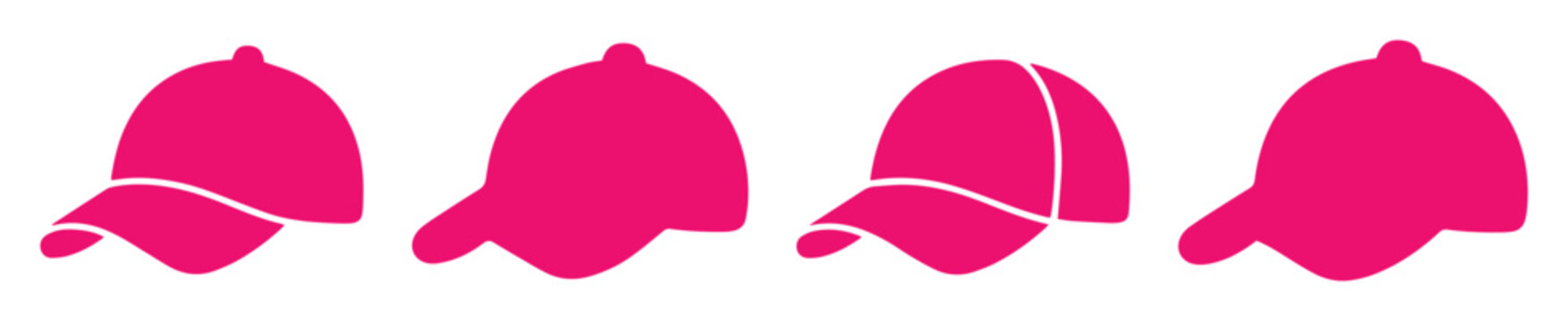 Pink baseball cap icons, set of 4 hat silhouettes, vibrant magenta headwear vector graphics