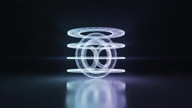 Glowing wireframe torus rings stacked in dark space with soft reflection, futuristic 3d abstract design