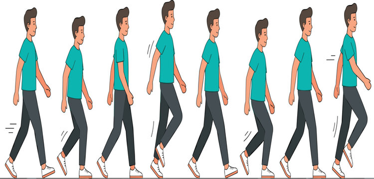 Young Man Walking Animation Frames with Smooth Character Movement Poses for Motion Graphics, Game Assets, and Cartoon Vector Illustration