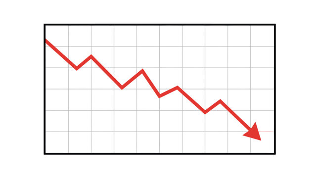Red arrow line graph showing a downward trend in a simple digital financial business chart