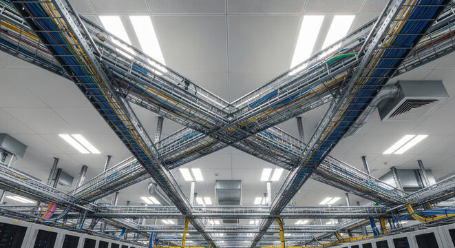 Data Center Ceiling with Complex Network Cable Management and Metal Trays