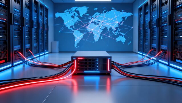 Server room with world map and cables