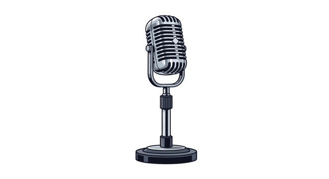 Classic vintage silver microphone on a desktop stand isolated on white background in detailed vector style.