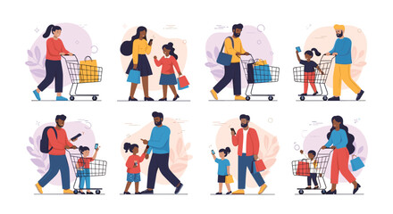 Fototapeta premium Diverse group of people and families shopping with grocery carts and bags in various lifestyle scenes and stores.