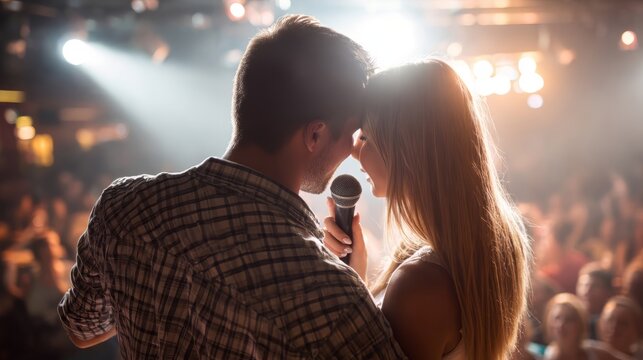 Man and woman singer performing romantic duet with microphone on stage during concert. Couple singing song in spotlight at club event. Musical performance, love and entertainment concept.