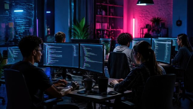 Skilled diverse developers working late in a dark modern office, illuminated by glowing computer monitors and neon ambient lighting, showcasing advanced software engineering and tech innovation.