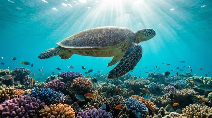 Fototapeten Schildkröte Sea turtle swimming over vibrant coral reef with sunlight beams  © Suparjo