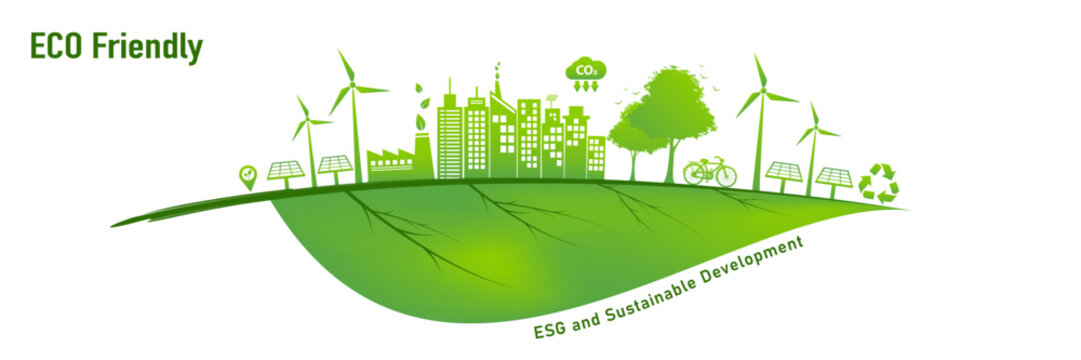 Eco friendly green city on leaf for ESG and sustainable development concept. Vector illustration with wind turbines, solar panels, and clean energy icons for environmental corporate solutions