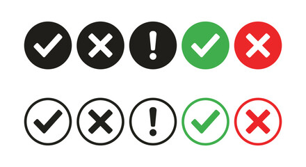 Status icon set representing check mark, cross, and exclamation symbols in filled and outlined circle designs with color variations © zrgraphicstore