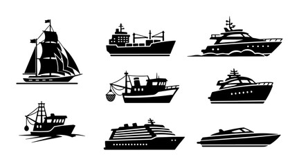 Diverse Set of Nautical Vessels, Including Sailboat, Cargo Ship, Fishing Boats, and Luxury Yachts, Black and White Vector Icons for Maritime and Transportation Themes © Rukhsana