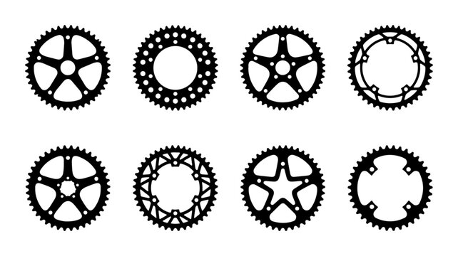Set of 8 Black Bicycle Chainring Vector Icons, Cycling Component Graphics, Mechanical Parts Illustrations, Sport and Fitness Equipment