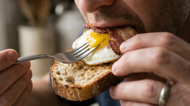 Man eating breakfast toast with egg.