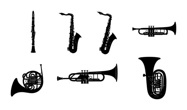 Orchestral Brass and Woodwind Instruments Vector Silhouettes, Jazz Saxophones, Trumpets, Tuba, French Horn, Oboe Collection for Music Design