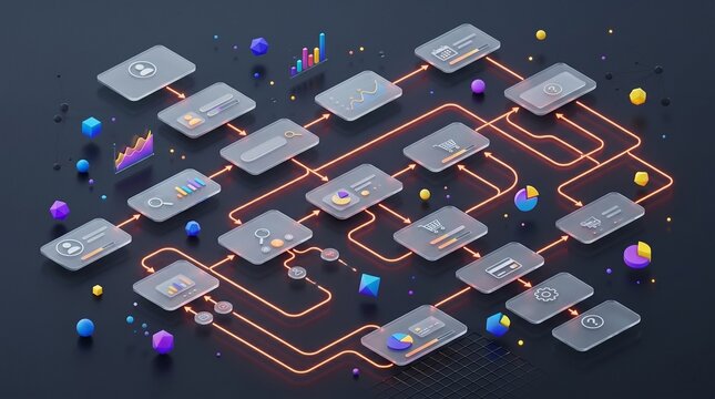 3D isometric user journey flowchart with frosted glass panels and glowing neon lines