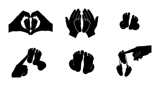 Baby Footprint Icons, Newborn Silhouette Graphics, Infant Feet Symbols, Family Love Gestures, Parenthood Vector Set