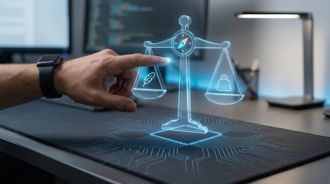 Futuristic Ethics and Justice Concept: Hand Balancing Digital Scale with Holographic Moral Compass