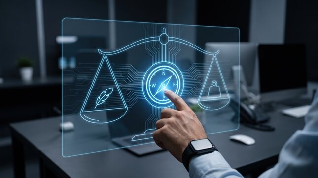 Futuristic Ethics and Justice Concept: Hand Balancing Digital Scale with Holographic Moral Compass