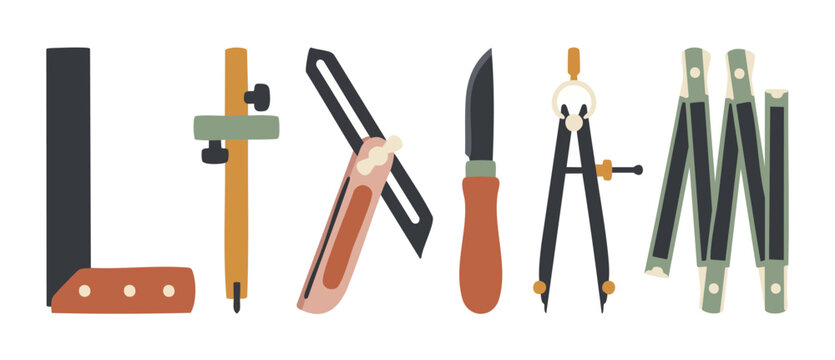 Carpentry tools icons set forming the word LIAM, flat vector illustration of construction equipment, measuring instruments, woodworking crafts and DIY project design elements isolated on white backgro