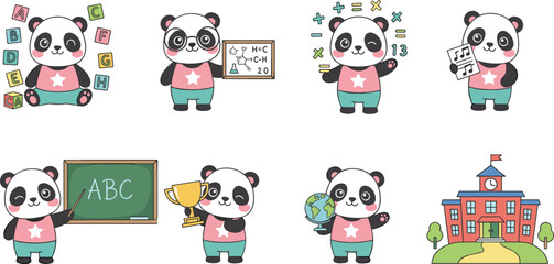 Set of seven cute cartoon panda characters in various school-related poses and a school building illustration, isolated on a white background. © ZOWRON