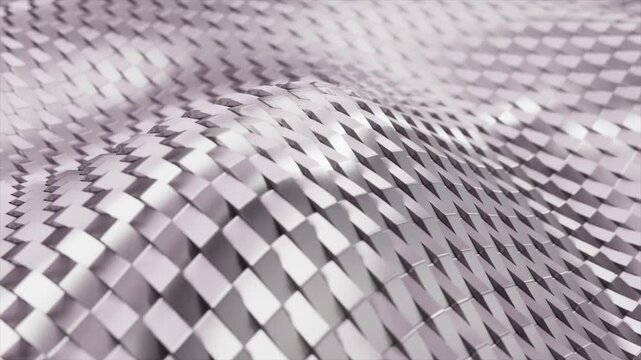 Abstract metallic surface made of reflective rhombuses waving smoothly in a dynamic, elegant motion, creating a mesmerizing and sophisticated geometric background with a shallow depth of field