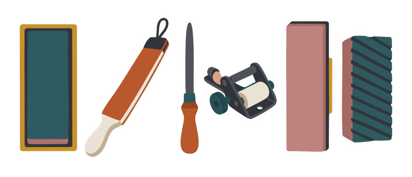 Knife Sharpening Stones and Honing Tools Set for Blade Maintenance and Culinary Edge Precision Work Collection Isolated on White Background for Woodworking and Kitchen Knife Crafting Hobby Professiona