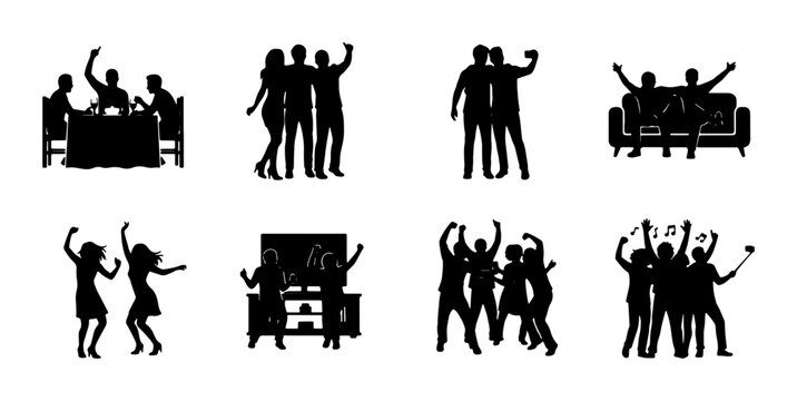 Silhouette Party Icons, Group Celebration Vector Set, Friends Dancing & Socializing Graphics, People Enjoying Fun Activities