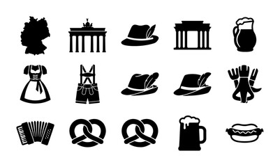 German Icons Collection: Oktoberfest Symbols, Traditional Clothing, Landmarks, and Food Vector Set © Towhidul