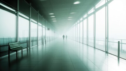 Fototapeta premium People walking toward distant light through a minimalist glass corridor, creating an abstract pathway of reflections, symmetry and calm atmosphere suggesting travel and progress