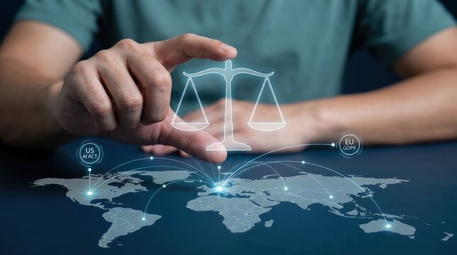 Global Data Regulation Concept: Hand Balancing Holographic Scale over Glowing World Map with GDPR and US AI Act Icons
