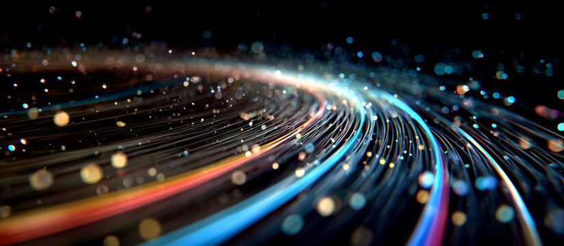 Abstract High-Speed Fiber Optic Data Transfer with Glowing Light Trails and Digital Particles in Motion
