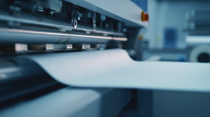 Fototapeta premium Printing press machinery moving paper rolls in an industrial manufacturing facility, creating a continuous flow of a new product during the production process