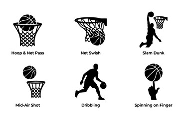 Basketball Action Icons Set: Hoop, Dribbling, Slam Dunk, Spinning Ball, Mid-Air Shot, Net Swish Vector Graphics for Sports and Fitness © Omar