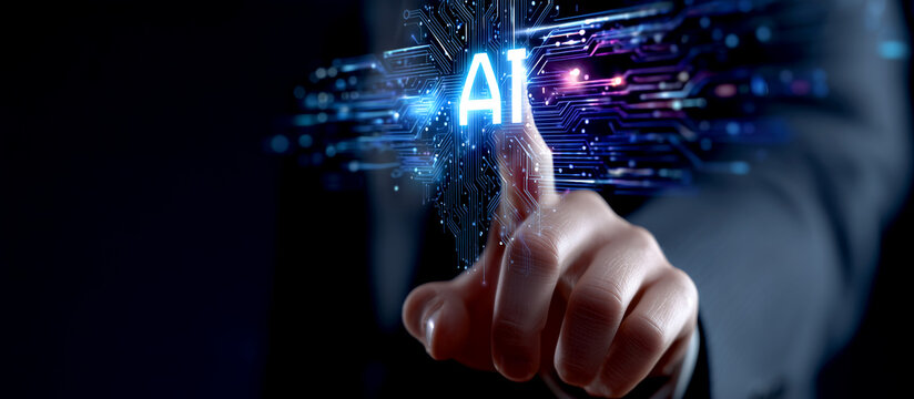 Businessman Hand Touching Digital AI Artificial Intelligence Hologram with Circuit Board Background and Data Processing Technology