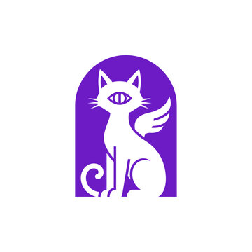 Stylized white cat with a three-eyed face, wings, and curled tail on purple background
