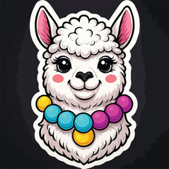 Obraz premium Cute white fluffy llama portrait featuring a colorful beaded necklace in this vibrant and charming stylized digital art sticker photograph