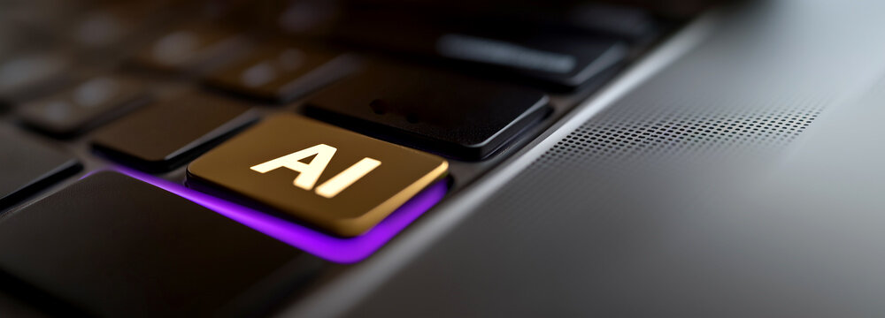 Macro Shot of Glowing AI Button on Laptop Keyboard Representing Artificial Intelligence and Future Technology