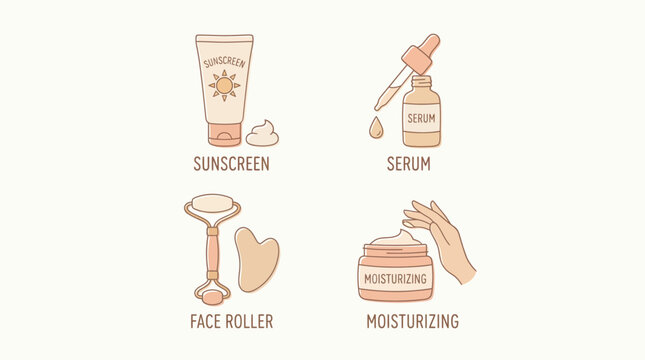 Collection of skincare products for a healthy glowing complexion including sunscreen, serum, face roller, and moisturizer