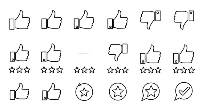 Feedback and rating icons set including thumb up thumb down and star symbols with speech bubbles in a clean black line vector style for user review and customer satisfaction interface design