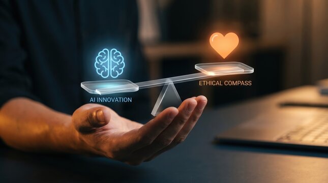 Balancing AI Innovation and Ethics: Futuristic Scale with Glowing Brain and Heart Icons
